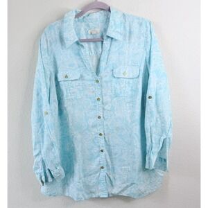 Charter Club 100% Linen Shirt Women's 2X Aqua Paisley Button Up Coastal Beach
